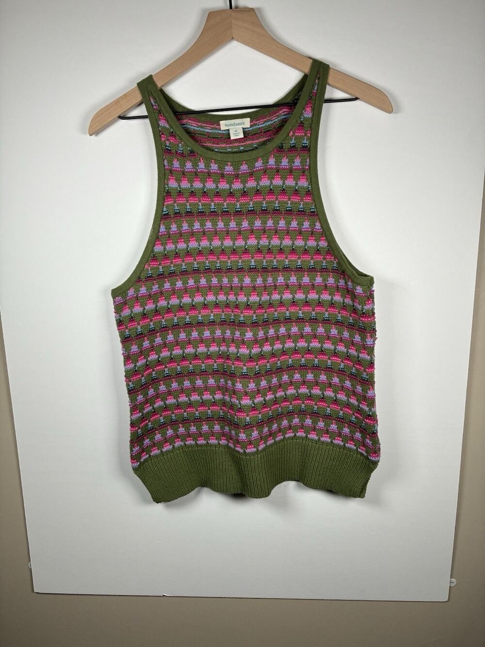 Sundance M Olive Green Pink Fair Isle Cotton Sweater Tank Vest Boho Sleeveless